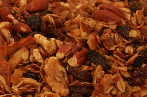 Oats, walnuts, pecans, raisins, almonds, and coconut flakes roasted to a simple perfection.