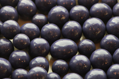 Blueberries covered a chocolate candied confection. 
