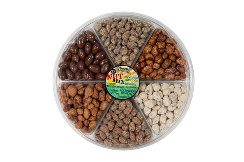 Chocolate Almonds, Hickory Almonds, Maple, Buttertoffee, and onion garlic almonds