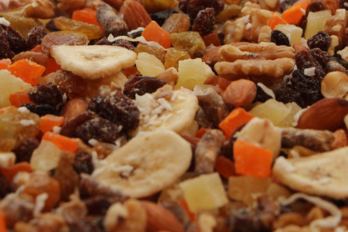 A medley of our exotic dried fruits mixed with our creamy almonds and walnuts.