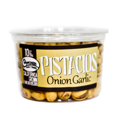 Pistachios roasted in a onion garlic seasoning.