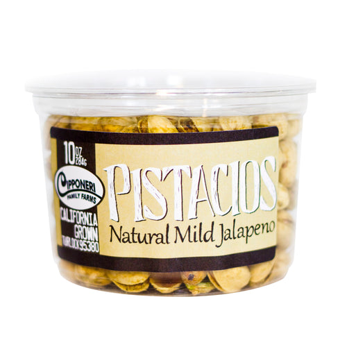 Pistachios roasted in a natural jalapeno seasoning.